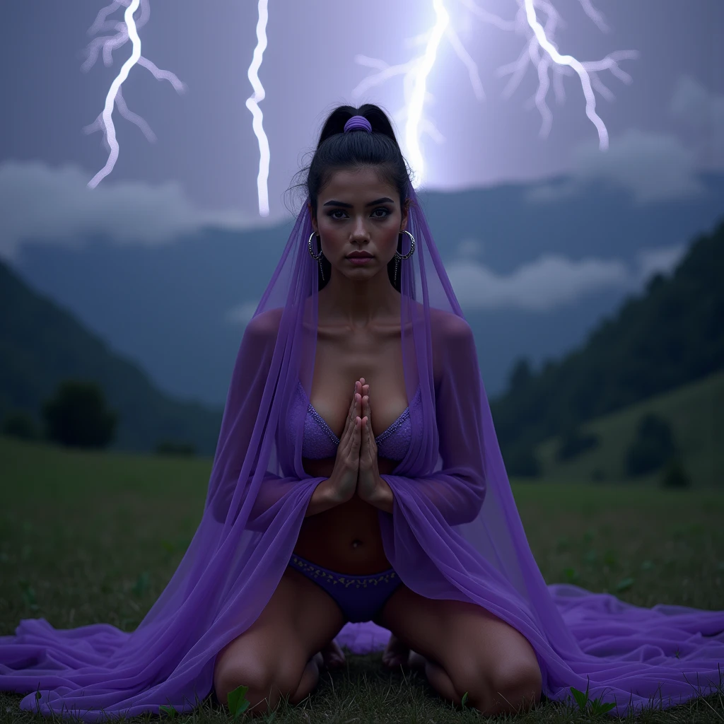 1 nubile Miss Colombia seductress is praying, and she's covered from the shoulder down by a purple gossamer body veil while wearing a Jezebel in the bible harem bikini regalia, and doing extreme squatting, 3:4 full frontal body portrait, ((merge and use young faces of Alice Eve and Rila Fukushima into best 50/50 blend)), (eyes wide open, wide open eyes, blank stare, best detailed face, best lifelike face, best lifelike nose and eyes), Grecian upstyle hairstyle with high standing ponytail, pucker lips, pale snowy colored skin, huge hoop earrings, bodacious, playboy playmate archetype, perfect bikini body, (((massive breasts))), sweaty, show cameltoe, show underboobs, mindless facial expression, deeply hypnotized facial expression, deeply entranced facial expression, ((primeval backdrop with Intense lightning strikes and severe thunderstorms towering over misty mountains)), (RAW Photo, 12K, best quality, best masterpiece, hires, best realism, best photorealism, vivid colors and natural outdoor lighting)