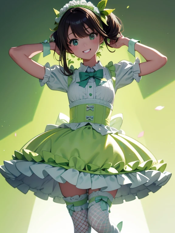 Woman, cute, adorable, full body, smiling, straight hair, long hair, black hair, standing, full breasts, Macaron Delight idol costume, featuring motifs of colorful macarons and whipped cream, with a color palette of (pastel yellow:1) and (mint green:0.7), bodice is designed with a fitted shape, covered in pastel yellow fabric that mimics texture of delicate macaron shells, upper bodice has mint green piping and is adorned with small, colorful macaron-shaped buttons down front, costume includes puffed short sleeves in a soft, sheer mint green fabric, giving it a playful and light-hearted feel, skirt is a layered, ball gown silhouette, flared design with alternating tiers of pastel yellow and mint green tulle, resembling whipped cream layers, with small macaron decorations attached at the waistline, A matching mint green headband with a macaron and ribbon detail completes look, fishnet tights, pastel yellow platform loafers, accented with mint green and pastel yellow laces, 