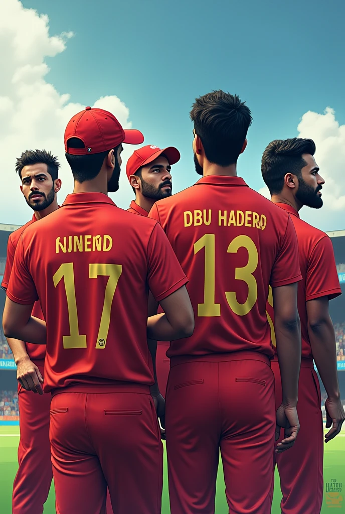                           A cricket team having  Team members named 
1. Amrit Mishra 
2. Avay Patel 
3. Ankit Mishra 
4. Kundan Chaturvedi (all r.)
5. Shive Shrestha (all r.) 
6. Anmol Tiwari (Finisher ) 
7. Sajan Thakur 
8. Sushant (spinner) 
9. Rajesh bhutana.   
Written on their back side of tshirt 