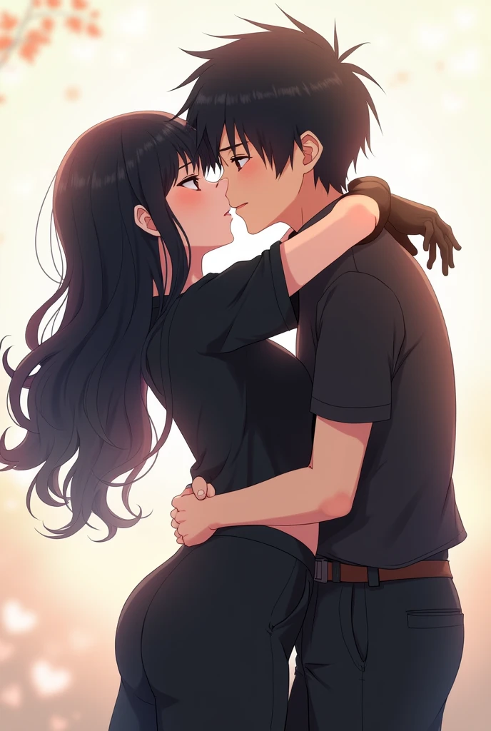 An anime girl with long wavy black hair down to her waist wearing a black short-sleeved shirt with gloves from the wrist to the elbow and showing her hips with wide black pants and an anime boy with black hair wearing a black short-sleeved shirt and wide black pants, both hugging each other and kissing.