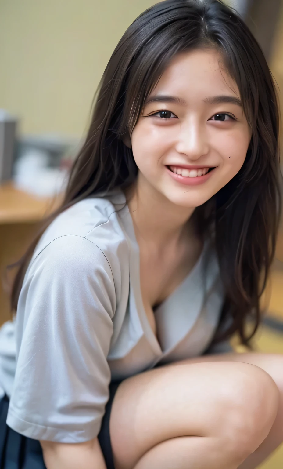(Super beautiful) (17-year-old) (rambut hitam) (muka mirip Isagi Yoichi), sitting in a dimly lit room, (Laki-laki) poses confidently with a (midnight) background, (at SFW:1.1), (big smile:1.3), wearing a (primary color) outfit that highlights her (17tahun) features, her (rambut hitam) hair framing her (beauitful face:1.2), tears of excitement welling up in her (muka mirip Isagi Yoichi) eyes. The scene is captured in (RAW photo), (best quality