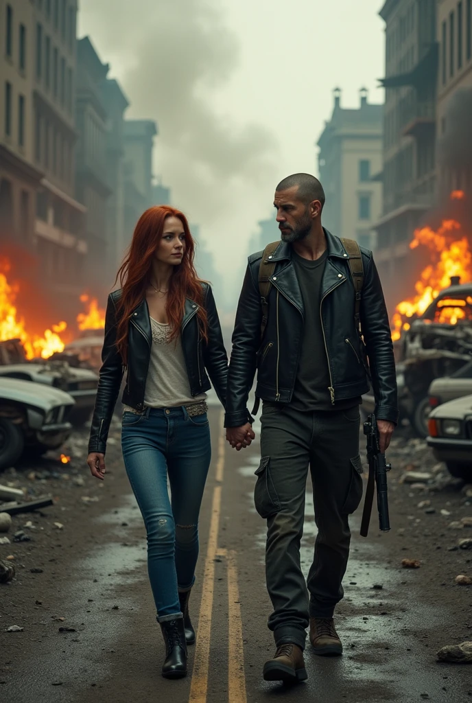 post apocalyptic world, destroyed streets, burned buildings, crashed cars, dark environment, dirty, dusty, dusk, a man and a woman walk hand in hand, man black motorcycle jacket 40 years old black military pants, very short badly shaved beard, shaved head, little hair, the same height as the woman, medium height, wears a backpack and a gun, 20-year-old woman, long red hair, very beautiful biker jacket, backpack, short, torn white T-shirt, short T-shirt, jeans, they walk with their faces uncovered and determined together hand in hand, face revealed, focus on the determination of both and the epic atmosphere, with fire in cars and destroyed buildings, gloomy atmosphere