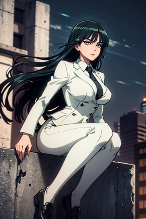 Highest quality、Ultra HD、One Woman、(Dark green long hair 1.3)、(White Suit 1.3)、(Black Shirt)、(White tie)、(Black loafers 1.1)、((tall))、((Has a submachine gun))、(Large Breasts)、(Beautiful face with sharp eyes 1.2)、40-year-old woman、Slender body、(Night city background 1.2)、((Clear and beautiful touch))