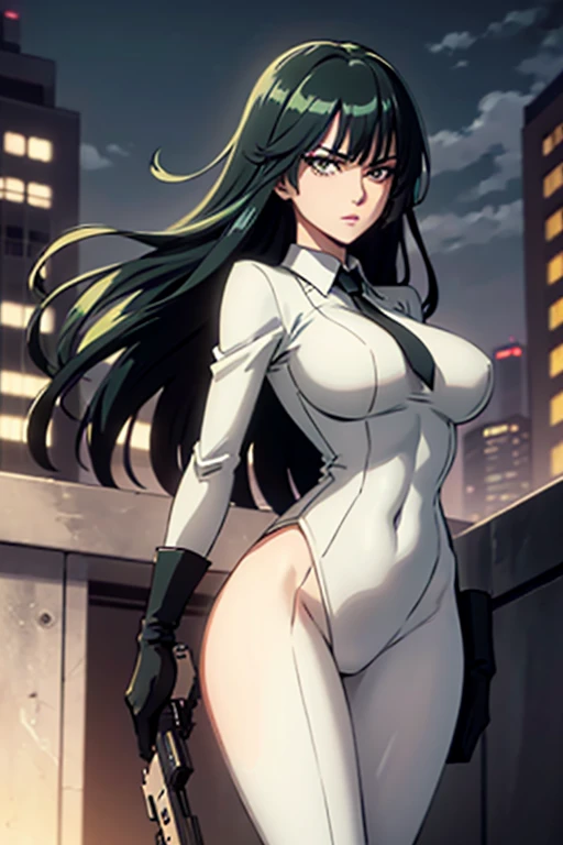 Highest quality、Ultra HD、One Woman、(Dark green long hair 1.3)、(White Suit 1.3)、(Black Shirt)、(White tie)、(Black loafers 1.1)、((tall))、((Has a submachine gun))、(Large Breasts)、(Beautiful face with sharp eyes 1.2)、40-year-old woman、Slender body、(Night city background 1.2)、((Clear and beautiful touch))