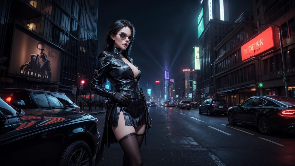 (Wide angle view). Matrix film inspired 1937 New York city, simple outlined neon tall buildings, glowing giant clock tower, cars, lightning, 3D rendering Beeple, Matrix-like glowing cascading code. At night, (1girl, solo, alone), photorealistic, medium-breast slim:0.6 body, oval:0.5 face, cleavage:1.1, sexy costume with deep-v, very low angle view of pleated miniskirt, ((upskirt)), glove, (Matrix style black micro sunglasses), ((aiming viewer with a short gun)), (half-body thigh level close-up shot), cinematic lighting, ray tracing.