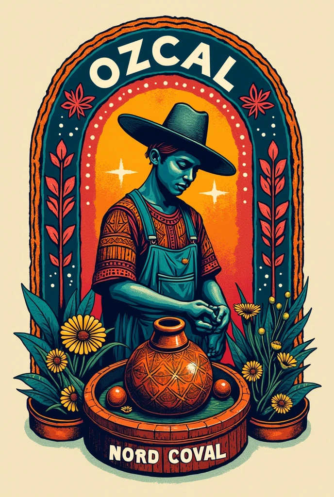 Colorful Oaxaca-inspired logo of a brand of cured mezcal with the name CURADOS DE XOO