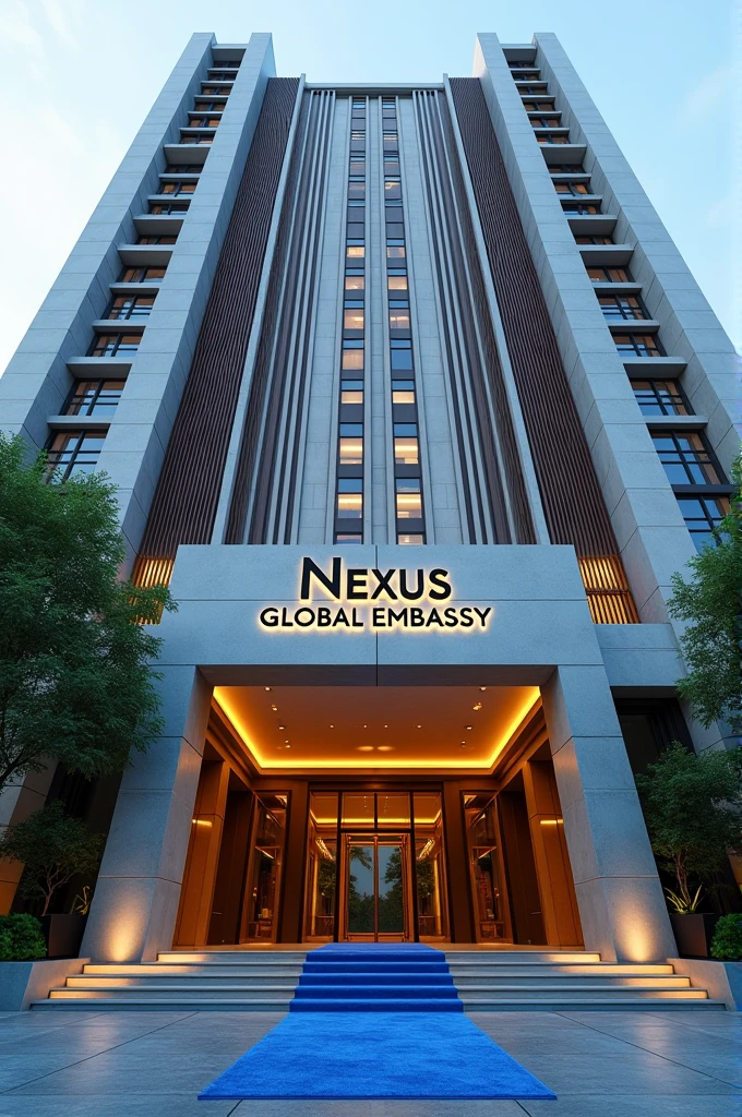 Building with Singaporean architecture has to be luxurious and classy with Singaporean architecture and blue carpets on entrance.The words Nexus Global Embassy exposed on a separate concrete 