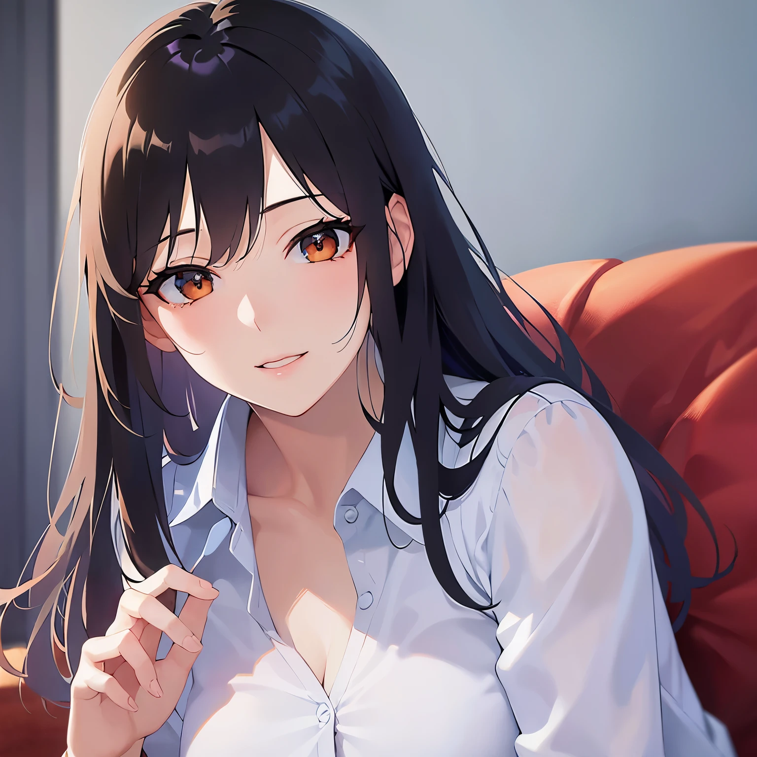 Upper Body, (looking at viewer:1.5),
Realistic, real person, (pale skin: 1.2), RAW photo, photorealistic, shiny skin, shiny hair、
(A 2 woman with medium-length hair and bangs) and (wavy hair) and (brown hair) and (orange eyes) ,
(business suit:1.5)and (Wearing a white collared shirt)、
smile,sofa、
The background is the office、(alone:1.5)