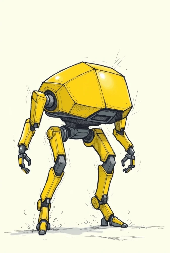 BLACK AND WHITE LINE SKETCH WITHOUT 2D FILL THAT LOOKS AT A ROBOT WITH THE FOLLOWING CHARACTERISTICS FROM THE FRONT AS IF IT WERE DRAWN IN A NOTEBOOK, simple, geometric : Metallic yellow color Low height Flies Thick build Long limbs