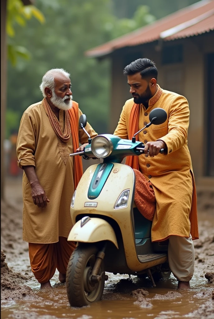 Ek ladka hai jismein apni shaadi ki sherwani pahani hai vah ek uncle ki help kar raha hai jinka scooter kichad mein fas gaya hai