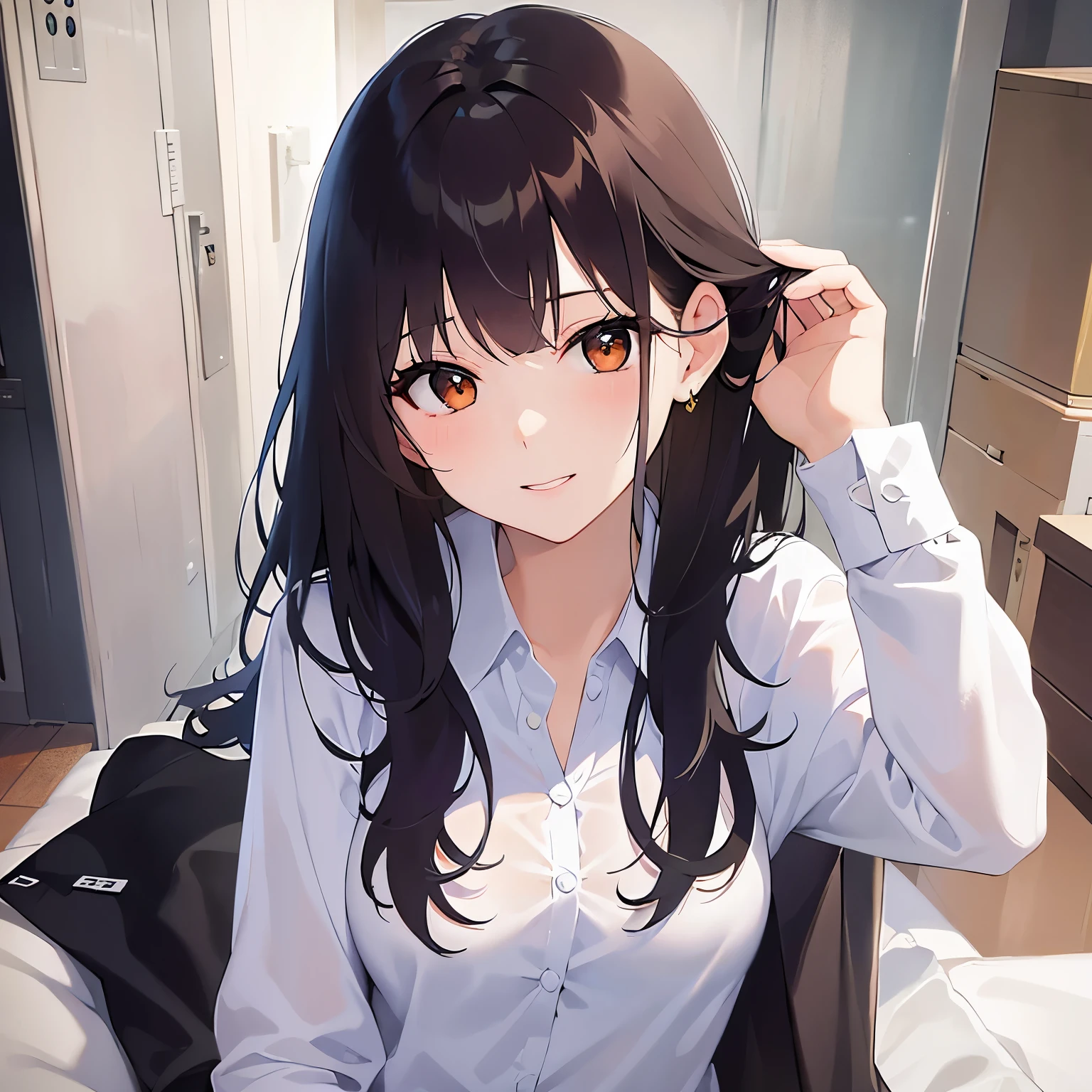 Upper Body, (looking at viewer:1.5),
Realistic, real person, (pale skin: 1.2), RAW photo, photorealistic, shiny skin, shiny hair、
(A 2 woman with medium-length hair and bangs) and (wavy hair) and (brown hair) and (orange eyes) ,
(business suit:1.5)and (Wearing a white collared shirt)、
smile,sofa、
The background is the office、(alone:1.5)