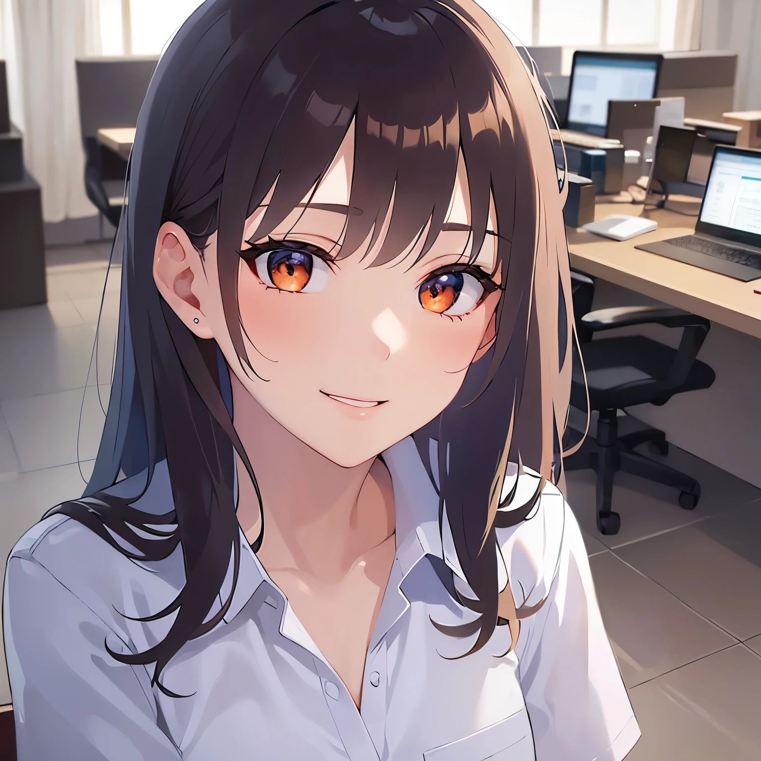 Upper Body, (looking at viewer:1.5),
Realistic, real person, (pale skin: 1.2), RAW photo, photorealistic, shiny skin, shiny hair、
(A 2 woman with medium-length hair and bangs) and (wavy hair) and (brown hair) and (orange eyes) ,
(business suit:1.5)and (Wearing a white collared shirt)、
smile,sofa、
The background is the office、(alone:1.5)