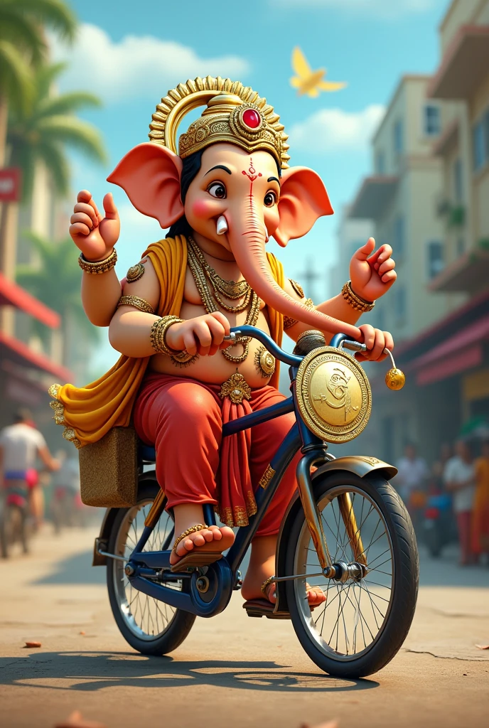 lord Ganesh riding a bike with mouse logo add IRAKALGADA GAJAA TEXT 