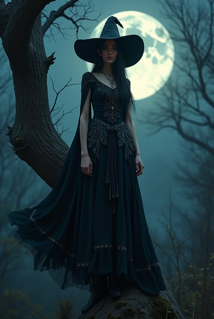 woman, long straight black hair, witch hat, medium bust, witch dress, at night, standing on a tree, full moon in the background, looking at the camera, photorealistic