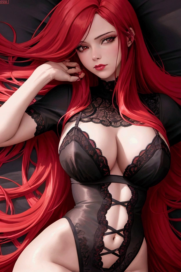 a beautiful young woman with long red hair sleeping underwear on her stomach, detailed face, detailed eyes, detailed lips, detailed breasts, wearing black lace lingerie, high definition, warm color tones, dramatic lighting, cinematic composition, art portrait