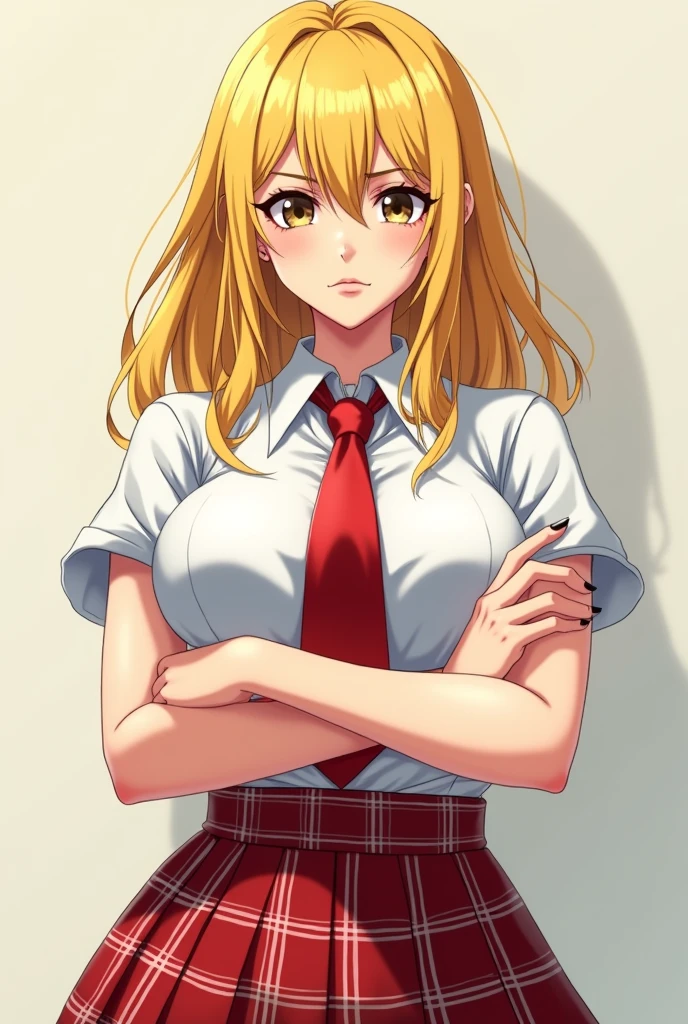 (masterpiece) anime style girl (Yellow hair) big breasts (School uniform) White shirt with tie (red skirt with checks) Crossed arms (beautiful face) looking at the viewer with displeasure