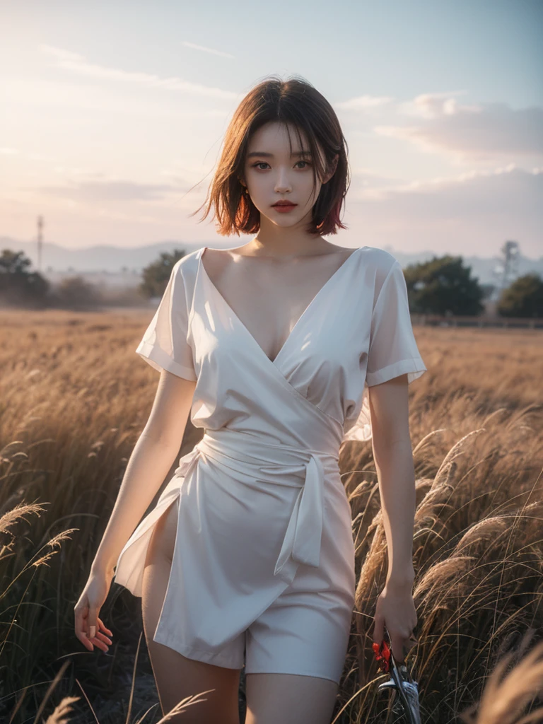 no, Ray tracing, Radio City, Anisotropic filtration, 16,000, best quality, 1 woman, alone, mature, beautiful young woman, ((shift dresses)) , Gradient long hair, (((grass field)))、laugh、sunset、((big breasts)) 、