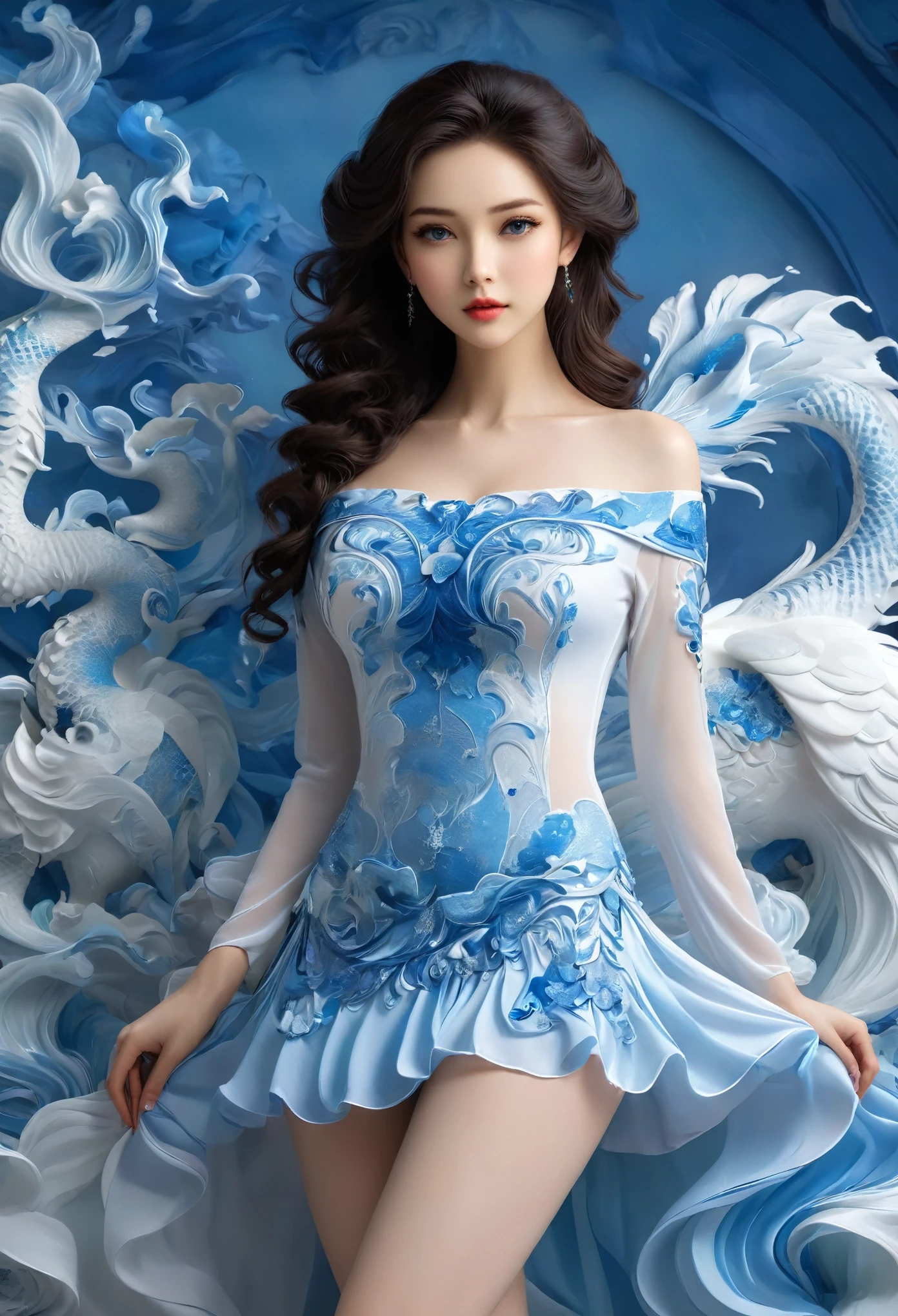 Miss，2，Wavy black hair，Height 171 cm，Skin is white, smooth and tender，The measurements are 38F，23， 35，Beautiful facial features，Wearing a blue uniform，The skirt is a close-fitting narrow skirt，The skirt is very short，Tightly wrapped, round, firm and tight、Elastic and attractive buttocks，No stockings，Revealing a pair of round, firm, slender and well-proportioned white legs，A nine-headed beauty with long legs。Cool and stunning，Very charming,


