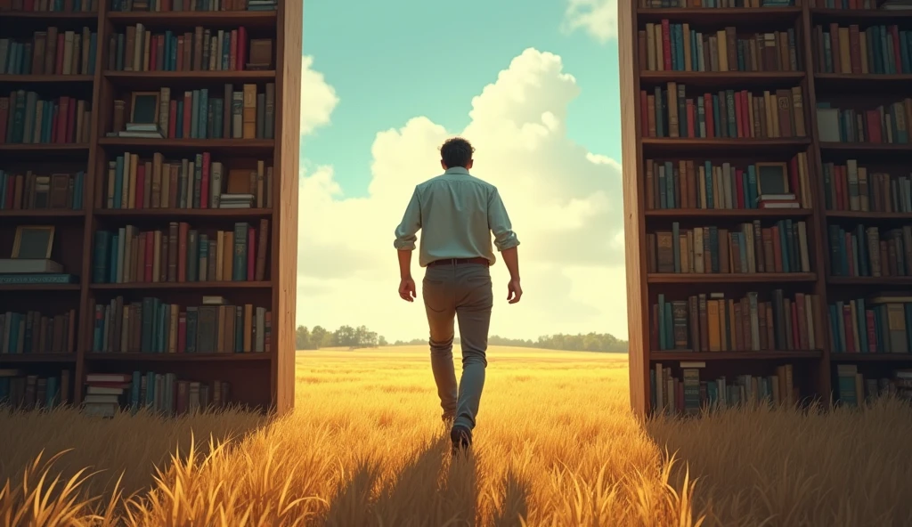 A person standing in front of a bookshelf filled with books, stepping out into an open field with a confident stride, ready to live their thoughts.