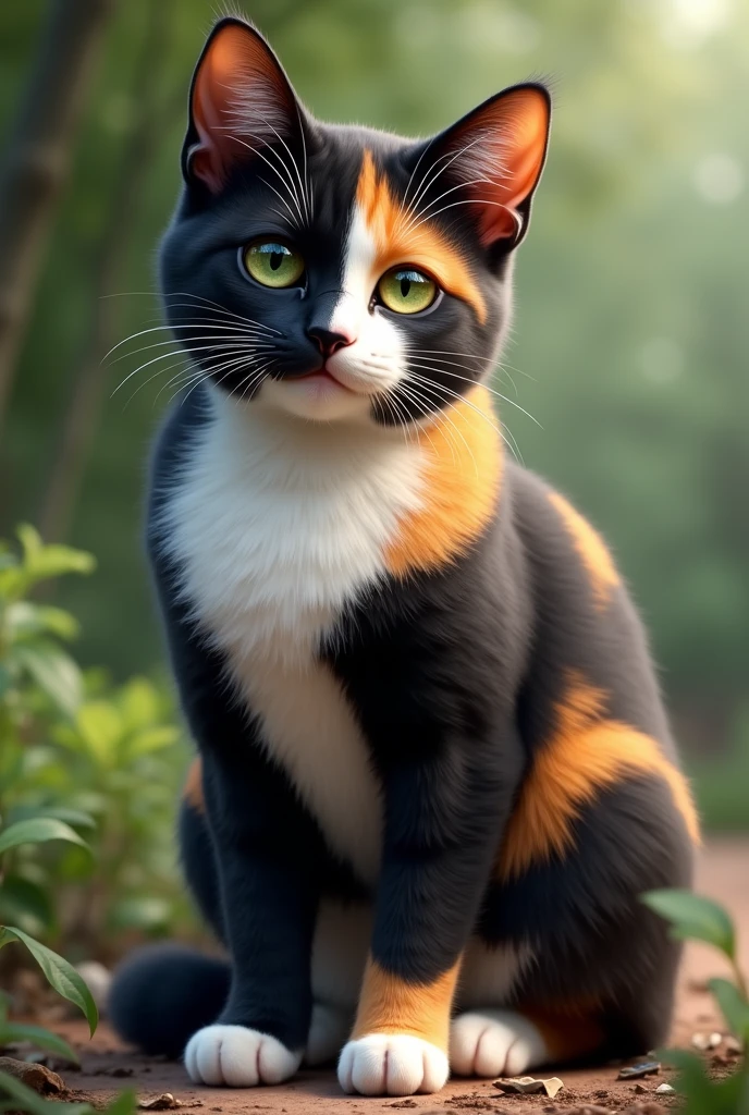 Make a realistic tortoiseshell cat (black color, orange, light yellow and white),  green eyed. That it is female and that it is an adult cat.
That has a black nose. 
Los labios negros con pequeñas manchas blancas debajo de la nariz
Y la mayor parte de la cara negra pero con algunas manchas oranges. 
The chest is white. The legs are white at the tips..
La pata derecha de adelante arriba de la parte blanca color amarillo claro
La pata izquierda de adelante arriba de la parte blanca black color
Las patas de atrás arriba de la parte blanca color amarillo claro.
La espalda negra con manchas oranges
La cola toda llena de manchas blancas, black and light yellow 