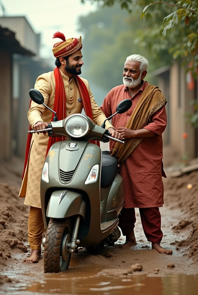 Ek ladka hai jismein apni shaadi ki sherwani pahani hai vah ek uncle ki help kar raha hai jinka scooter kichad mein fas gaya hai