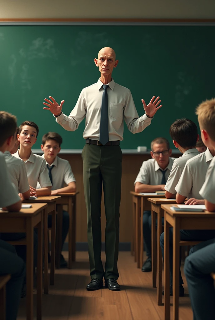 Draw a thin, bald teacher teaching class with students sleeping from boredom 