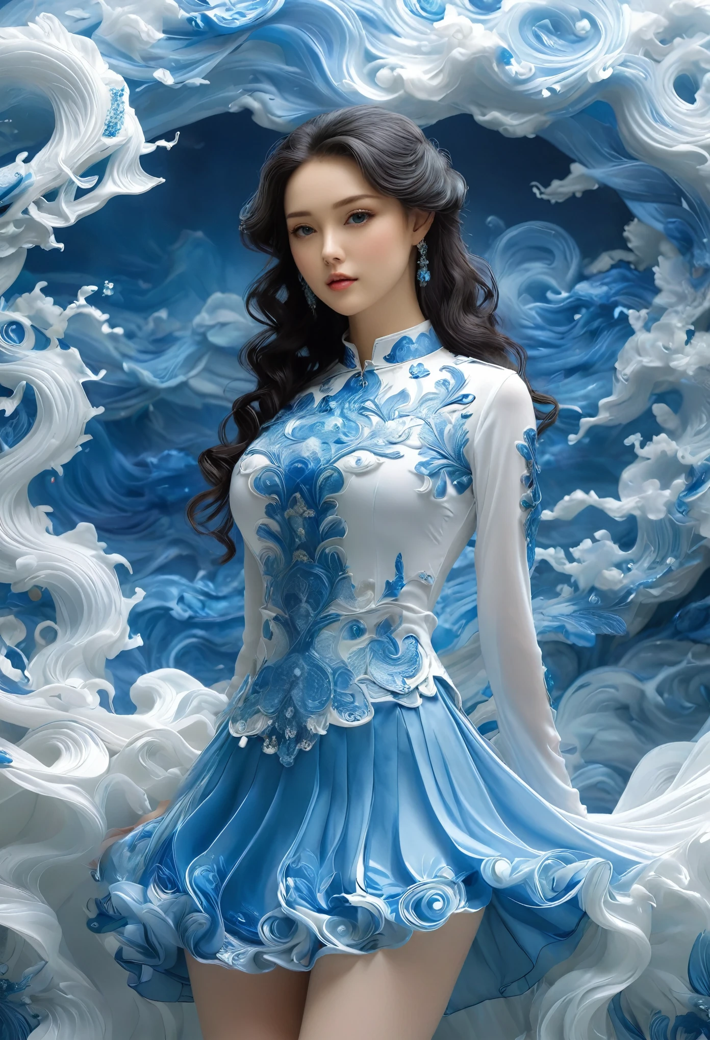 Miss,2,Wavy black hair,Height 171 cm,Skin is white, smooth and tender,The measurements are 38F,23, 35,Beautiful facial features,Wearing a blue uniform,The skirt is a close-fitting narrow skirt,The skirt is very short,Tightly wrapped, round, firm and tight、Elastic and attractive buttocks,No stockings,Revealing a pair of round, firm, slender and well-proportioned white legs,A nine-headed beauty with long legs。Cool and stunning,Very charming,