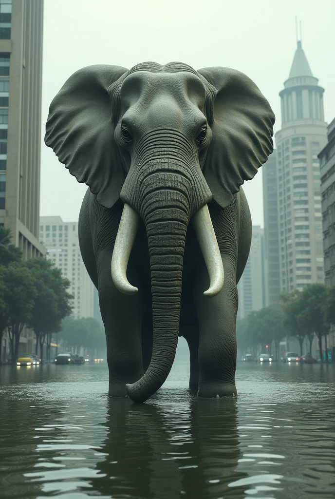 Realistic stone elephant statue flooded to the tusks in the city of Culiacan
