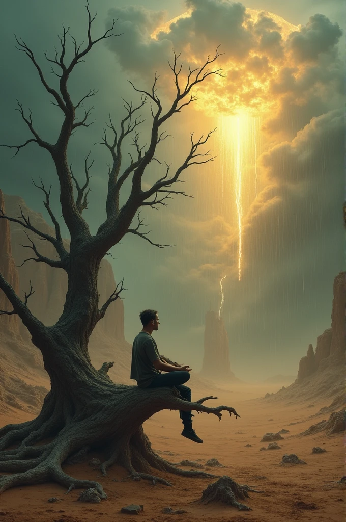 In a desert with rocks of the underworld, it rains burning sand, the weather is stormy, a man sits on a dead tree and meditates.