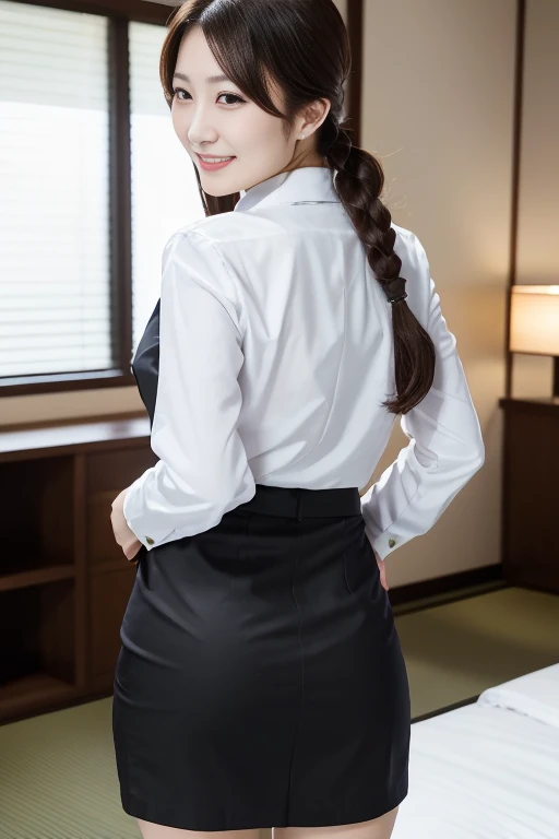 Masterpiece, best quality, photo quality, 4K high resolution, beautiful Japanese mature woman, beautiful face, cute face, office lady, tight business shirt, (black cotton tight skirt), beautiful legs, beautiful thighs, high heels, ((back view, woman turns around)), smiling face, ((pose that emphasizes the buttocks)), buttocks, western-style hotel interior, long hair tied behind the head,