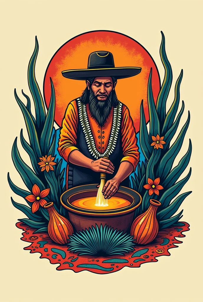 Colorful Oaxaca-inspired logo of a brand of cured mezcal with the name CURADOS DE XOO
