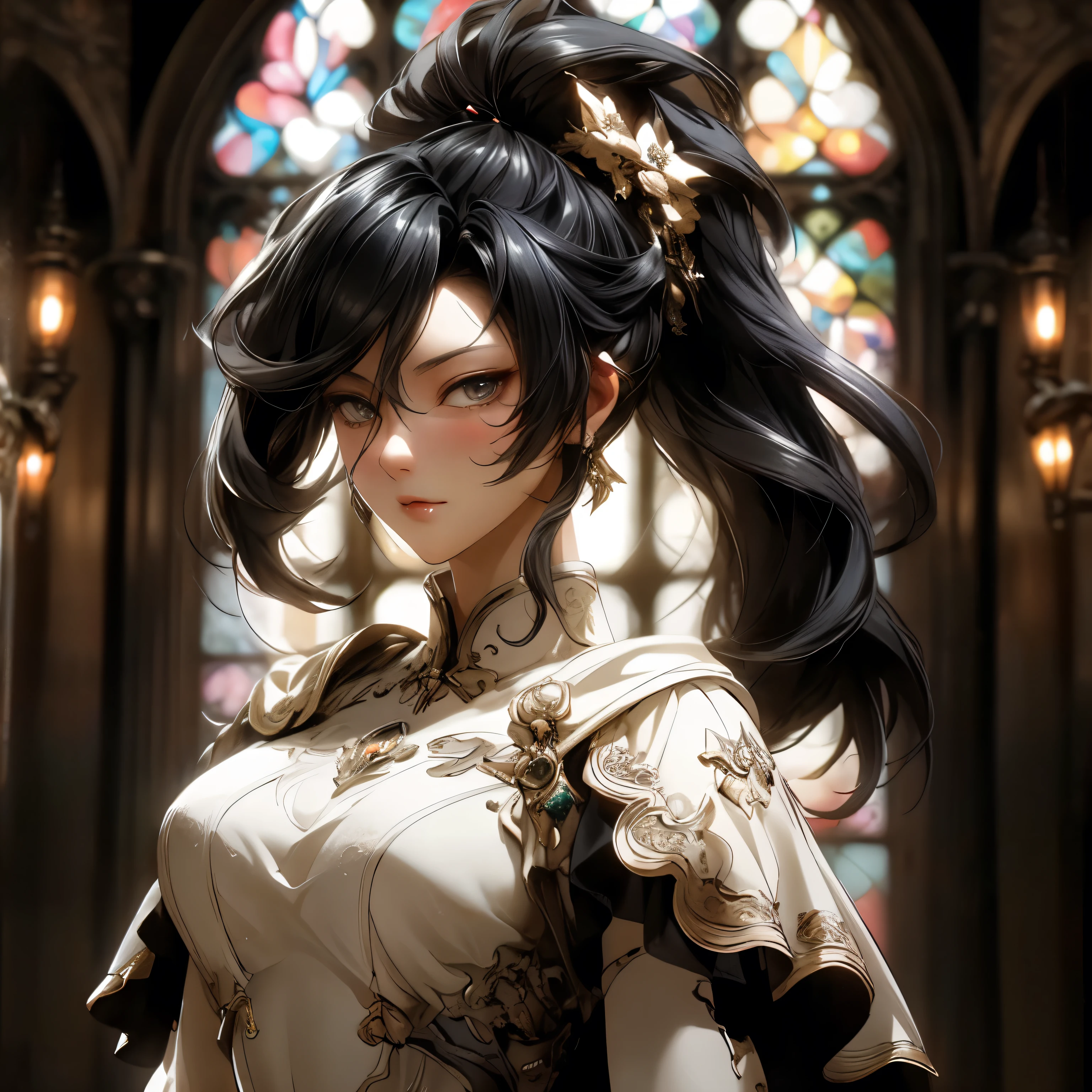 (best quality)), ((Masterpiece)), (details:1.4), 3d, HDR (high dynamic range), an image of a beautiful cyberpunk female, fantasy, Cyberpunk, Medieval, Black hair, Highi ponytail, Full body, Beautiful white eyes, จมูกโด่ง, ปากแดง, หน้าอกใหญ่, nvidia RTX, PBR surface, After processing, Anisotropic filtration,depth of field, Maximum clarity and clarity, multi-layered surface, Subsurface scattering, perfect proportions, 8K raw files, ultra detailed, Perfect proportions, volumetric lighting, soft lighting, Holy Paladin, Heavy Black Armor, glossy skin, intricate silver embroidery, chapel background, jewely, ต่างหู, นิ้วมือสมบูรณ์,