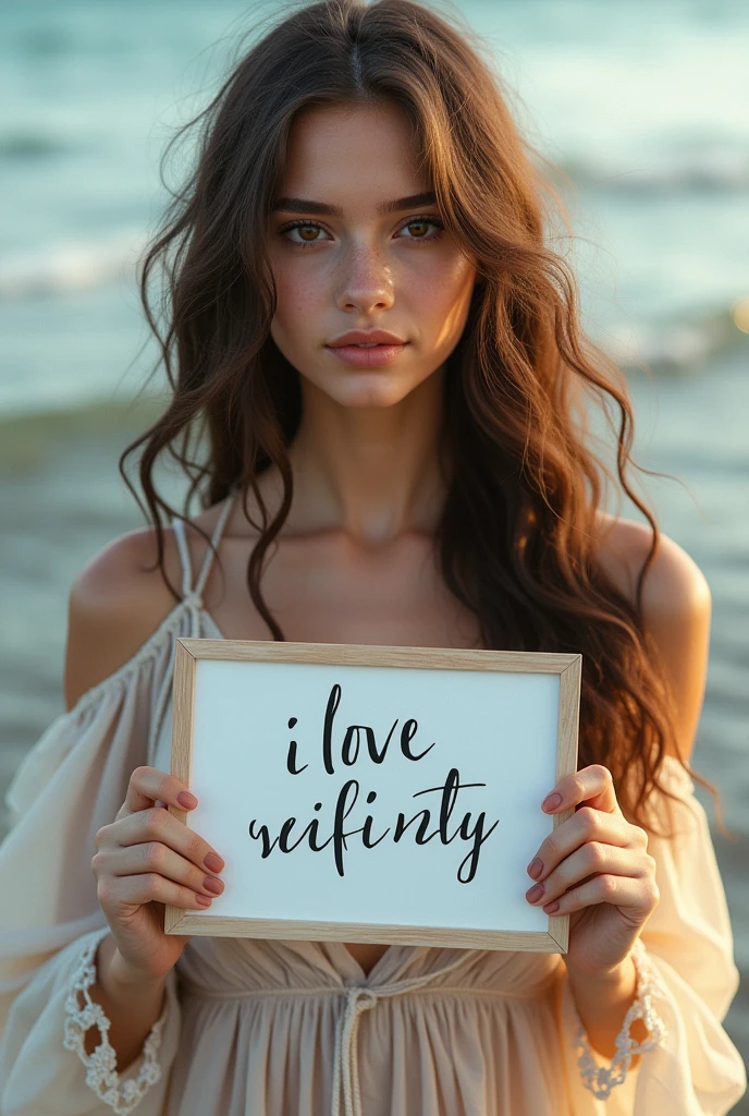 Beautiful girl with wavy long hair, bohemian dress, holding a white board with text "I Love Seaart Infinity" and showing it to the viewer