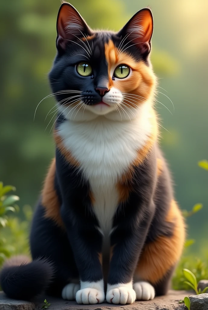 Make a realistic tortoiseshell cat (black color, orange, light yellow and white), green eyed. That it is female and that it is an adult cat.
That has a black nose.
Los labios negros con pequeñas manchas blancas debajo de la nariz
Y la mayor parte de la cara negra pero con algunas manchas oranges.
The chest is white. The legs are white at the tips..
La pata derecha de adelante arriba de la parte blanca color amarillo claro
La pata izquierda de adelante arriba de la parte blanca black color
Las patas de atrás arriba de la parte blanca color amarillo claro.
La espalda negra con manchas oranges
La cola toda llena de manchas blancas, black and light yellow