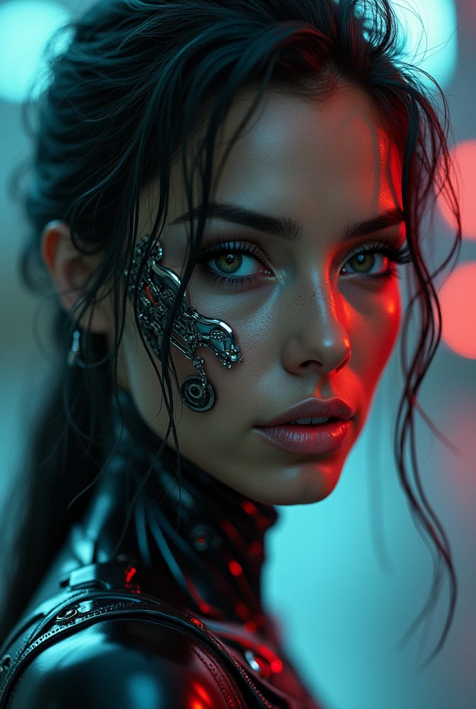 I want the face of a woman with robotic features and dark skin inspired by the Terminator movie and that at the bottom it has an animated Terminator sticker and that the background is with colors in this case I want cold and warm contrasts.