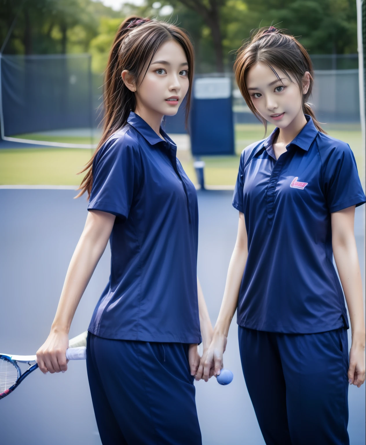 3 girls play tennis at tennis courts, Navy blue short-sleeved shirt,Navy Long Trackpant,Sweatpants, Sweatpantsขายาว,2 girl, lesbian, sexy, exercise clothes, wet body, exercise clothes
