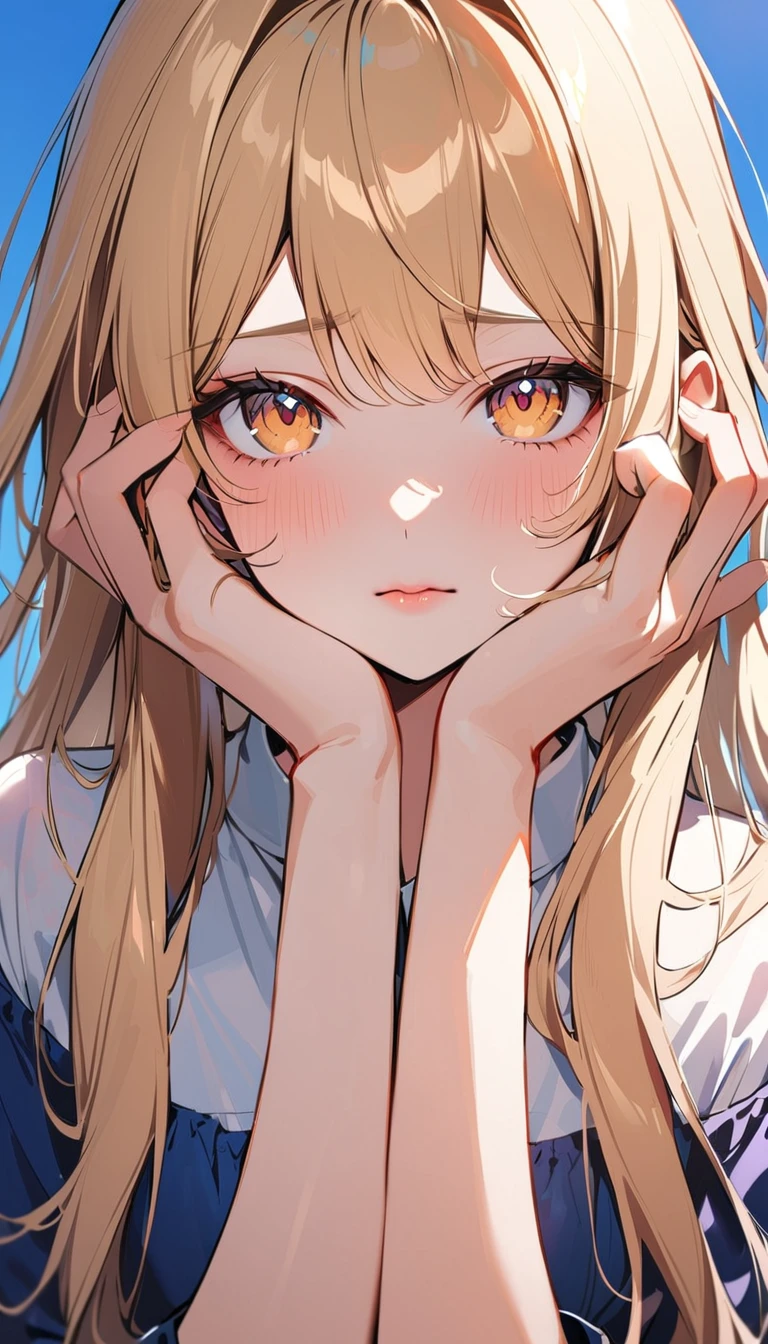 1woman, solo, long hair, blond hair, brown eyes, detailed eyes, light lips, 25years old, shy, getting red in the face, cover one's face with one's hands,wear blue casual long dress, looking at viewer,  closed mouth, blue sky