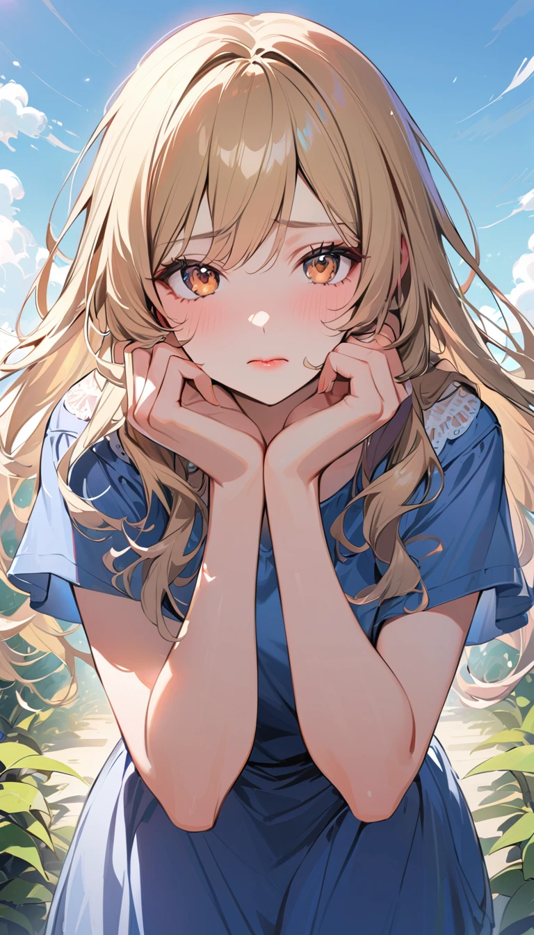 1woman, solo, long hair, blond hair, brown eyes, detailed eyes, light lips, 25years old, shy, getting red in the face, cover one's face with one's hands,wear blue casual long dress, looking at viewer,  closed mouth, blue sky