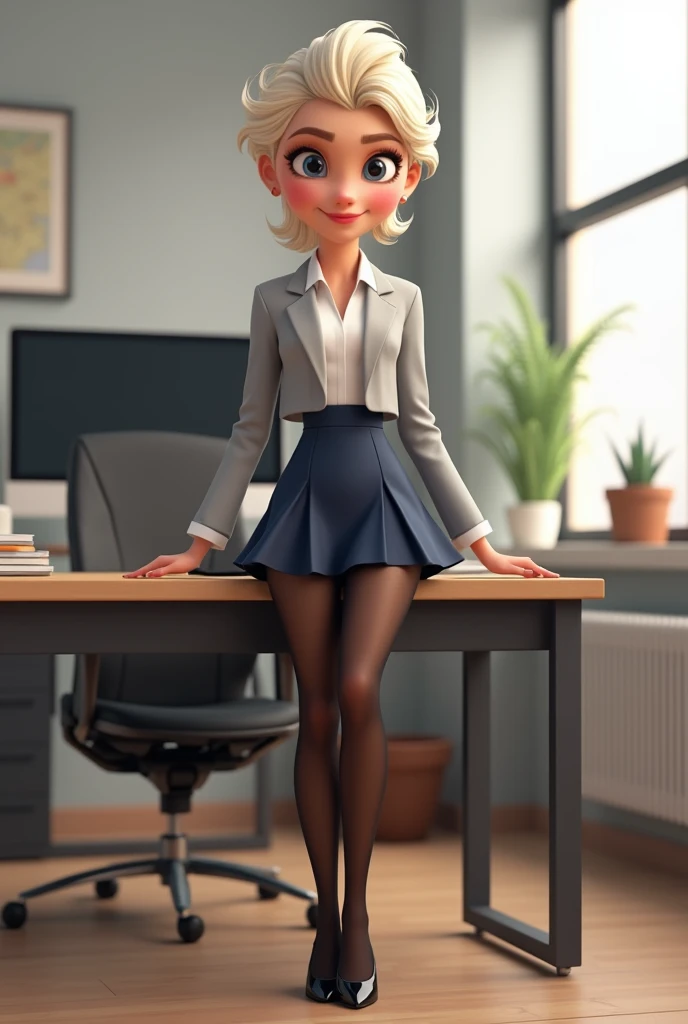 "Create an image of a Pixar-style character inspired by Elsa from Frozen. She has fair skin, platinum blonde hair styled in a neat, professional updo, with a few loose strands framing her face. She is wearing a chic office outfit, consisting of a fitted white blouse tucked into a short, flared navy blue miniskirt. She is wearing sheer black tights and black high heels. Her look is completed with a sleek light grey blazer. The background should resemble a modern office environment with a minimalist design, with a desk, a computer, and some office supplies. Make sure the image maintains the distinctive, expressive facial features and exaggerated proportions typical of Pixar characters, such as large, expressive eyes and a slightly rounded face." NSFW, nice legs, she's sitting at a desk with her legs spread, show panties, full body, black stockings, she's hot, model NSFW, open legs, show panties, show boobs