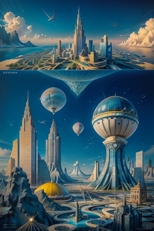  ( Surrealism ) a Surreal scene involving a floating 1900's city in the sky and a 1960's city under the sea, non euclidean geometry, and abstract sitars that are illusions , confusing chaos, ethereal and divine, photorealistic, 8k, hyper detailed, dramatic lighting, vibrant colors, surreal and abstract, blue sky, blue ocean.