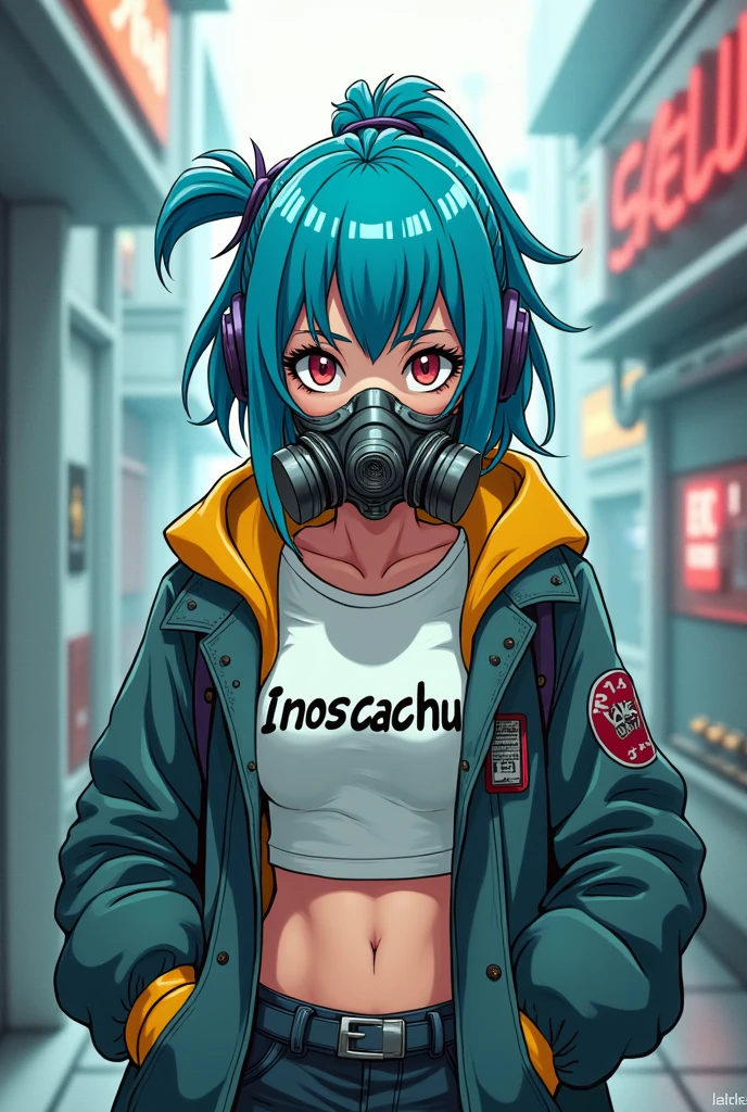prompt: drawing style like Akira Toriyama in Metal slug Arale , drawing small futuristic environment blue hair like Bulma , gas or oxygen mask that covers the mouth and nose , The woman&#39;s style is like a dragon ball npc will be the cover for a music account  , The woman wears a coat with a yellow hood or a white shirt with the name Inoscachu in black letters written on the shirt.  