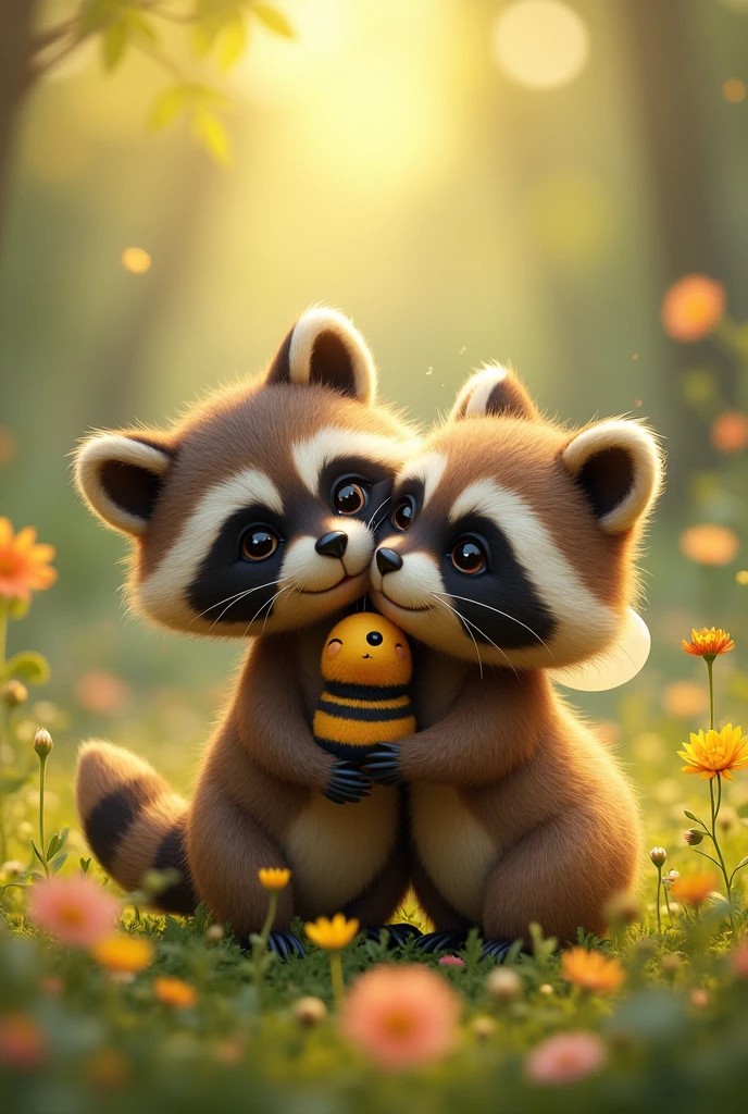 A little bee and a little raccoon in love