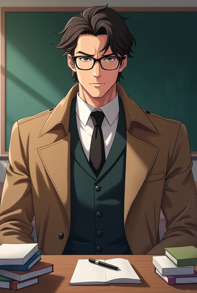 in the classroom ( mature man, attractive, hegemonic face, Hunter'look, dull grey almond-shaped eyes, medium wavy dark brown hair, medium length wolf cut haircut, tez media clara, slight expression lines. He wears a brown trench coat and formal tie..., glasses with plastic frames..),bust,classroom desk,many books,pen,Blackboards,Manhwa style, realistic anime style