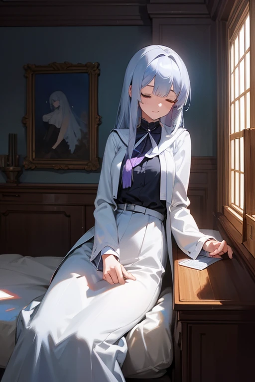 In a room in a Western-style mansion on a hill in a foreign country,1 girl, alone, Female college student,Akane,Blue and silver hair, I close my eyes because I'm blind,White shirt, sweater, ((Anime Style))、((2D))、(((ponytail)))、,