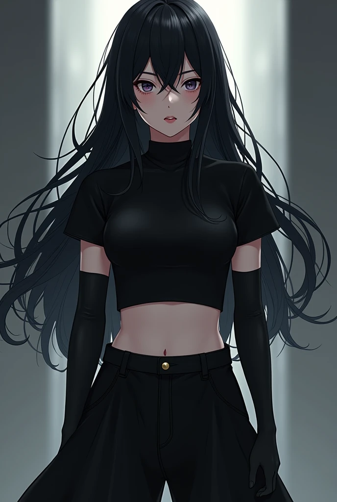 An anime girl with long, wavy black hair down to her waist wearing a black short-sleeved shirt with gloves from the wrist to the elbow and her hips showing with wide black pants