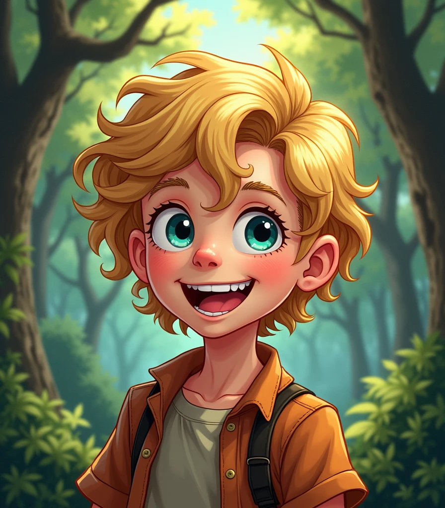 cheerful boy , Slightly curly blonde hair. boy against the backdrop of a fantasy forest. beautiful highlights. American comics style