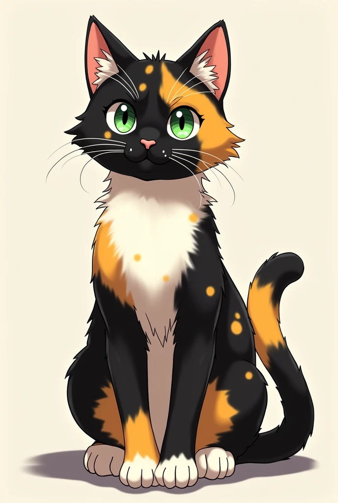 Make a tortoiseshell anime style cat (black color, orange, light yellow and white),  green eyed. That it is female and that it is an adult cat.
That has a black nose. 
Los labios negros con pequeñas manchas blancas debajo de la nariz
Y la mayor parte de la cara negra pero con algunas manchas oranges. 
The chest is white. The legs are white at the tips..
La pata derecha de adelante arriba de la parte blanca color amarillo claro
La pata izquierda de adelante arriba de la parte blanca black color
Las patas de atrás arriba de la parte blanca color amarillo claro.
La espalda negra con manchas oranges
La cola toda llena de manchas blancas, black and light yellow 