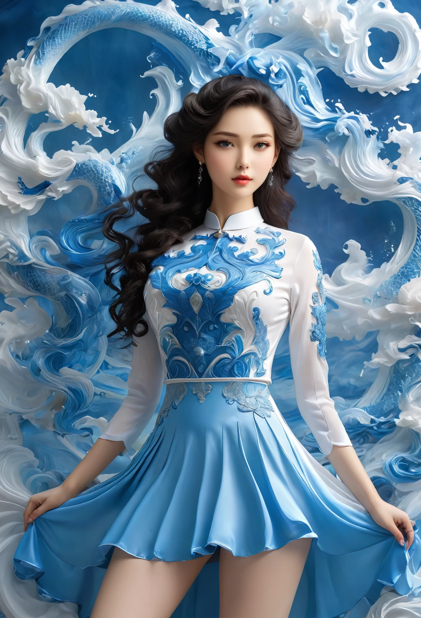 Miss,2,Wavy black hair,Height 171 cm,Skin is white, smooth and tender,The measurements are 38F,23, 35,Beautiful facial features,Wearing a blue uniform,The skirt is a close-fitting narrow skirt,The skirt is very short,Tightly wrapped, round, firm and tight、Elastic and attractive buttocks,No stockings,Revealing a pair of round, firm, slender and well-proportioned white legs,A nine-headed beauty with long legs。Cool and stunning,Very charming,