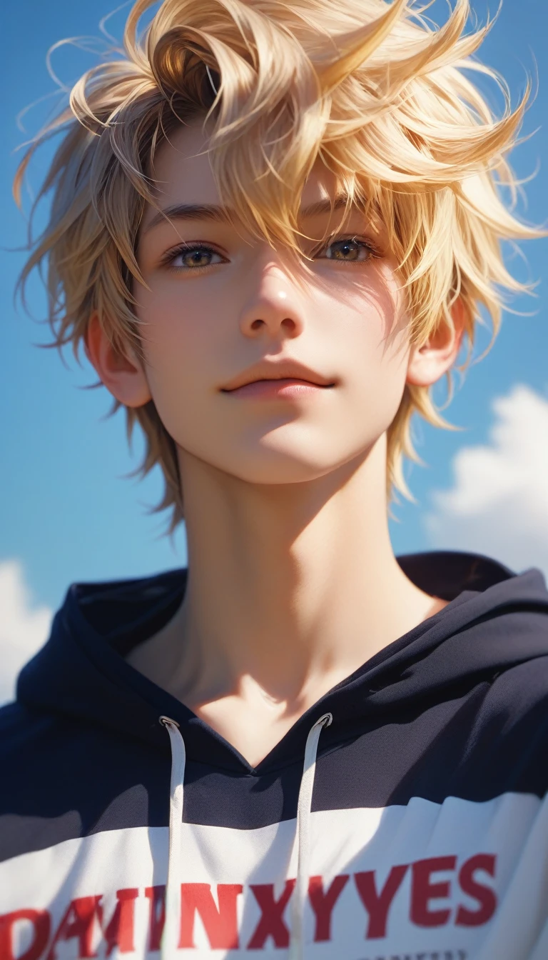 score_9, score_8_up, score_7_up, A hyper realistic ultra detailed photo of hansome man, fancy hair ,  golden blonde  hair, ultrarealistic, cute,  body, perky , perfecteyes, , upper body  , close up, portrait, looking at viewer, amusement  ,  laying on back  ,  casual outdoor background, wearing hoodie T-shirt , layered skirt