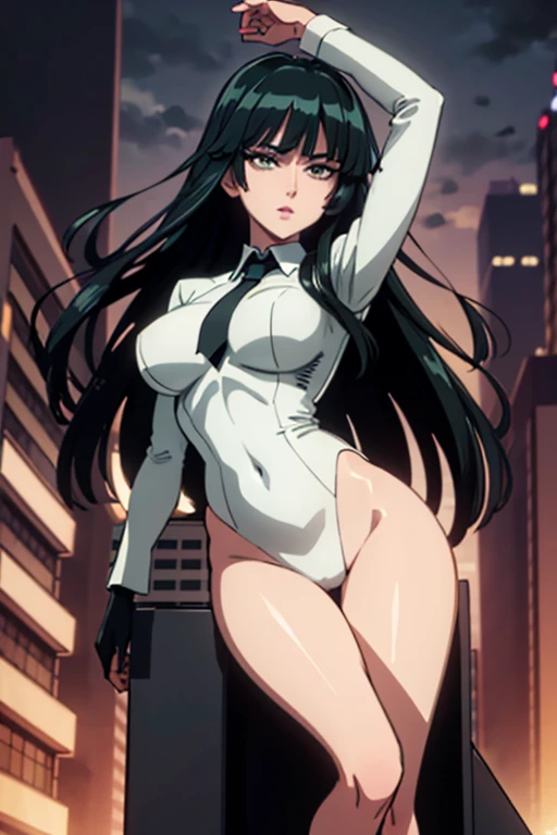 Highest quality、Ultra HD、One Woman、(Dark green long hair 1.3)、(White Suit 1.3)、(White tight skirt 1.3)、(Black tie)、(Black loafers 1.1)、((tall))、((1 who has a gun.2))、(Large Breasts)、(Black knee-highs 1.2)、(Beautiful face with sharp eyes 1.2)、40-year-old woman、Slender body、(Night city background 1.2)、((Clear and beautiful touch))